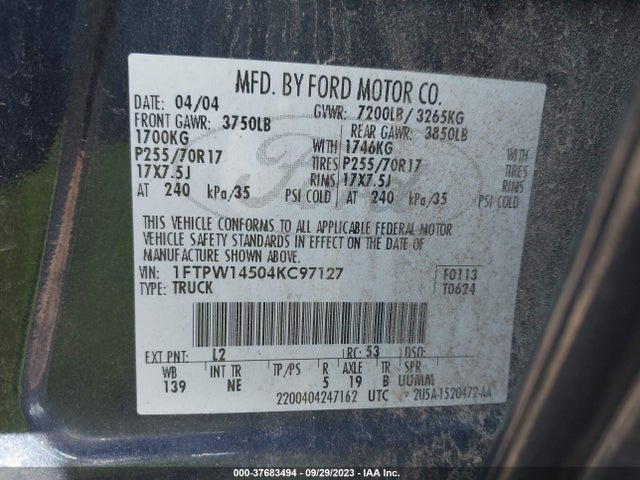2004 FORD F-150 XLT/FX4/LARIAT VIN: 1FTPW14504KC97127