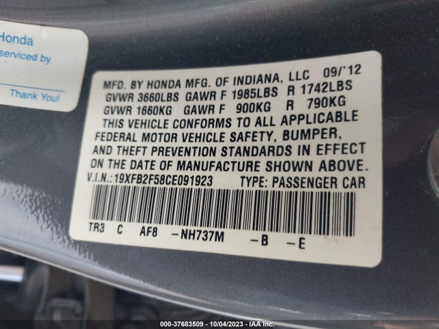 2012 HONDA CIVIC SDN LX VIN: 19XFB2F58CE091923