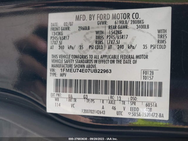 2007 FORD EXPLORER EDDIE BAUER VIN: 1FMEU74E07UB22963