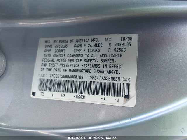 2009 HONDA ACCORD 2.4 EX-L VIN: 1HGCS12869A008189