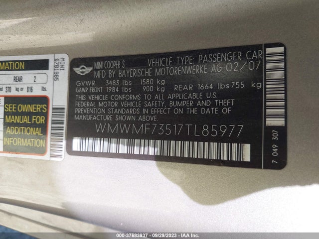 2007 MINI COOPER HARDTOP WMWMF73517TL85977 Photo 8
