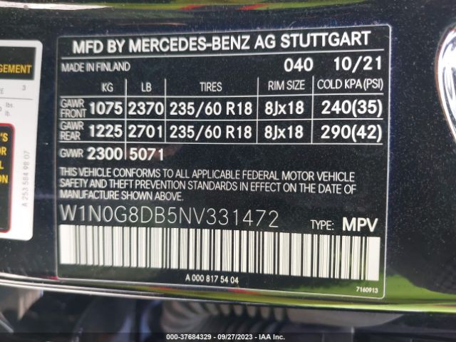 W1N0G8DB5NV331472 Mercedes-Benz Glc Glc 300
