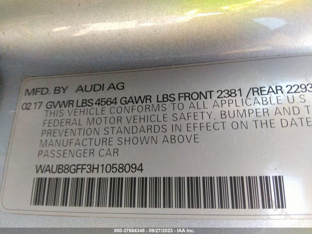 WAUB8GFF3H1058094 Audi A3 Sedan Premium