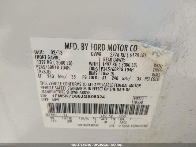 Ford EXPLORER XLT 2018 1FM5K7D88JGB08024 Image 9
