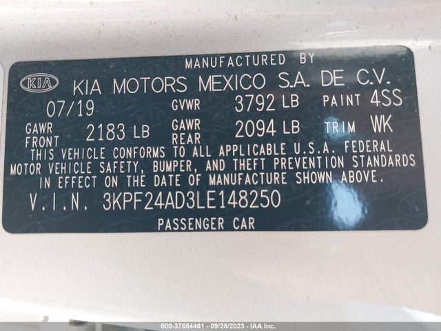 2020 KIA FORTE LXS VIN: 3KPF24AD3LE148250