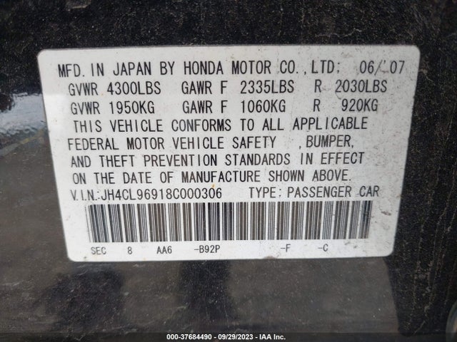 2008 ACURA TSX NAV VIN: JH4CL96918C000306