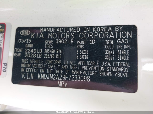 Aukcja sprzedaży 2015 Kia Soul Base, vin: KNDJN2A29F7233098, numer aukcji: 37684525