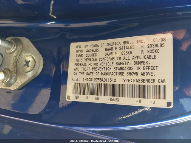 2008 HONDA ACCORD CPE EX VIN: 1HGCS12758A011512