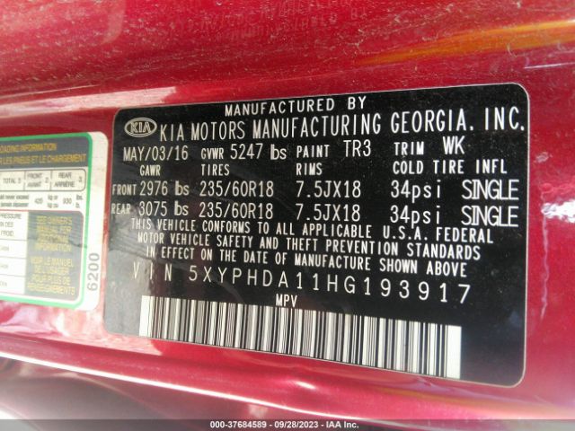 5XYPHDA11HG193917 KIA SORENTO EX