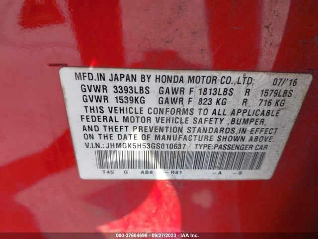 Honda FIT LX 2016 JHMGK5H53GS010637 Image 9