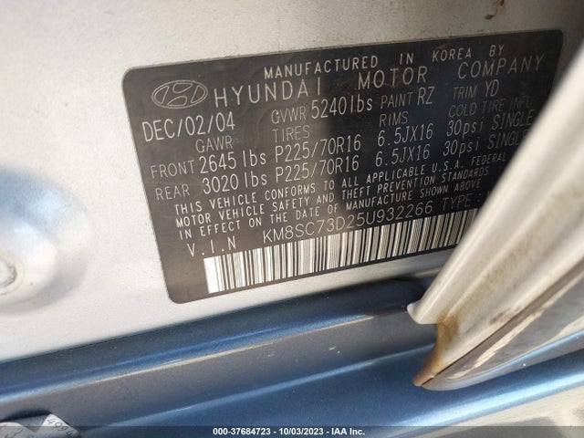 2005 HYUNDAI SANTA FE GLS VIN: KM8SC73D25U932266