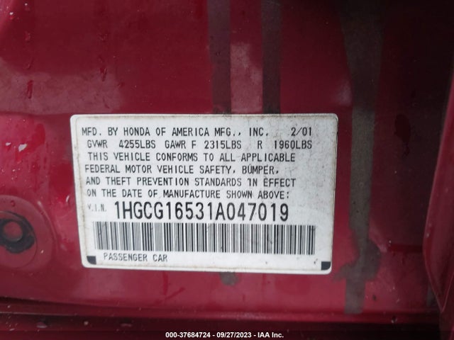 2001 HONDA ACCORD SDN EX W/LEATHER VIN: 1HGCG16531A047019
