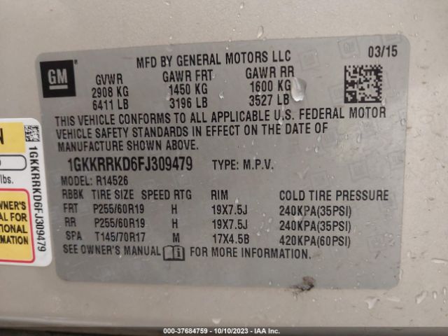 1GKKRRKD6FJ309479 GMC ACADIA SLT