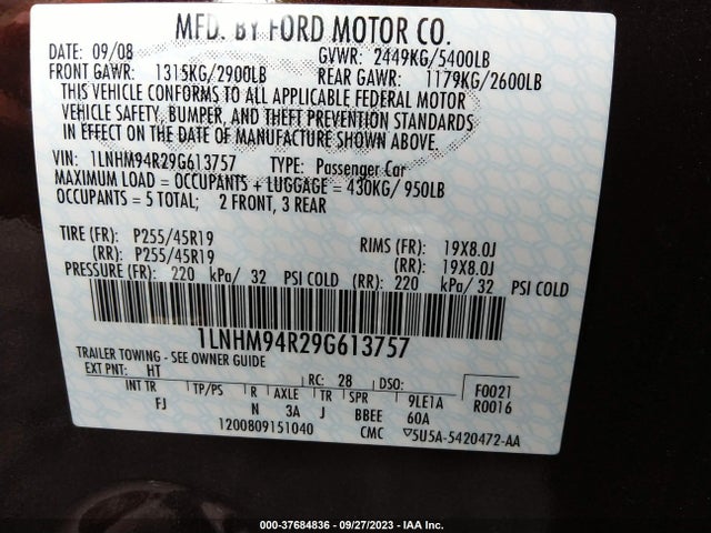 Aukcja sprzedaży 2009 Lincoln Mks, vin: 1LNHM94R29G613757, numer aukcji: 37684836