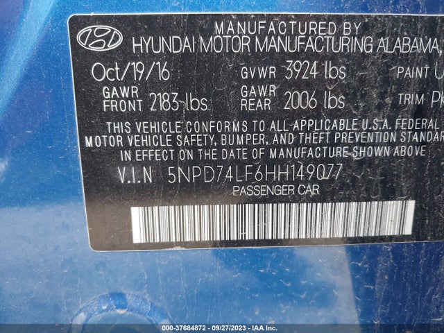2017 HYUNDAI ELANTRA SE VIN: 5NPD74LF6HH149077