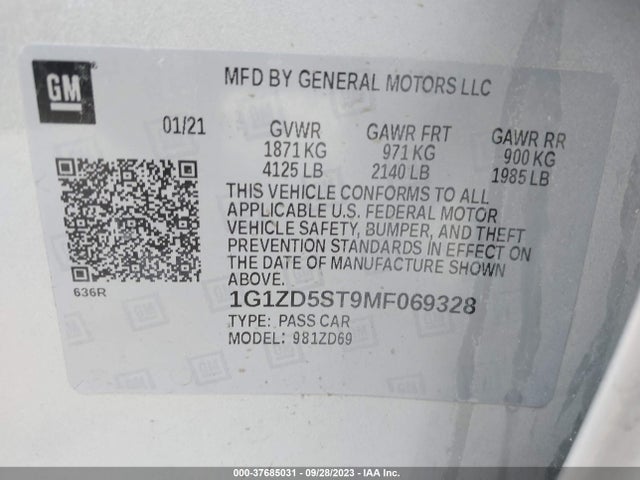 2021 CHEVROLET MALIBU LT VIN: 1G1ZD5ST9MF069328