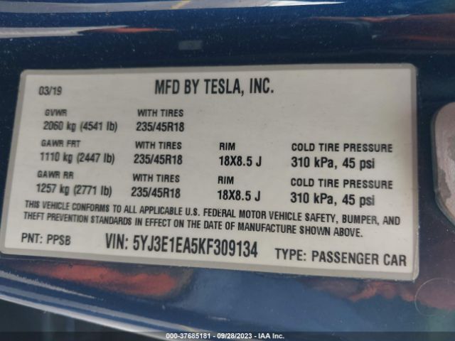 5YJ3E1EA5KF309134 Tesla Model 3 Range