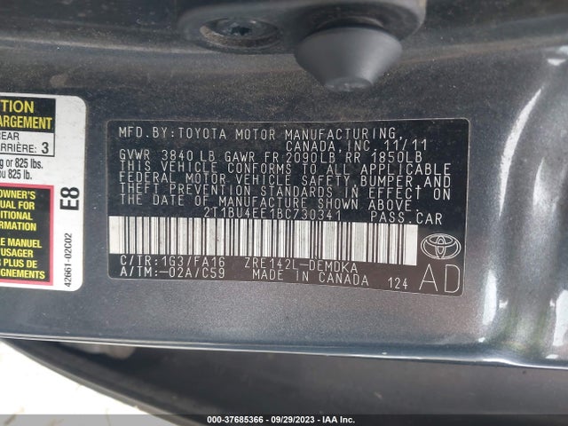 2011 TOYOTA COROLLA L/LE/S VIN: 2T1BU4EE1BC730341