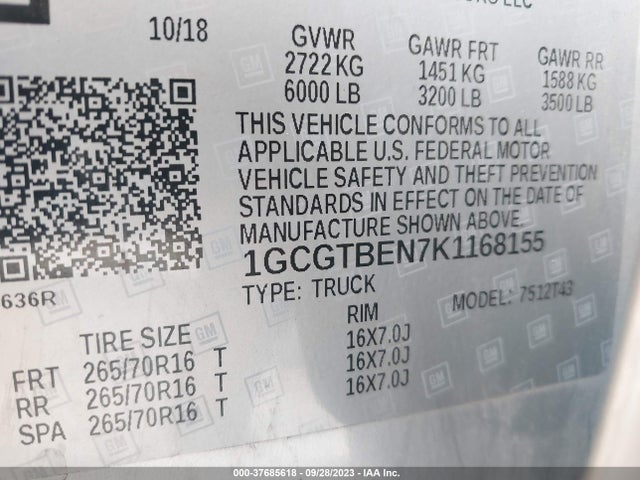 Chevrolet Colorado 4wd Work Truck 2019 1GCGTBEN7K1168155 Image 9