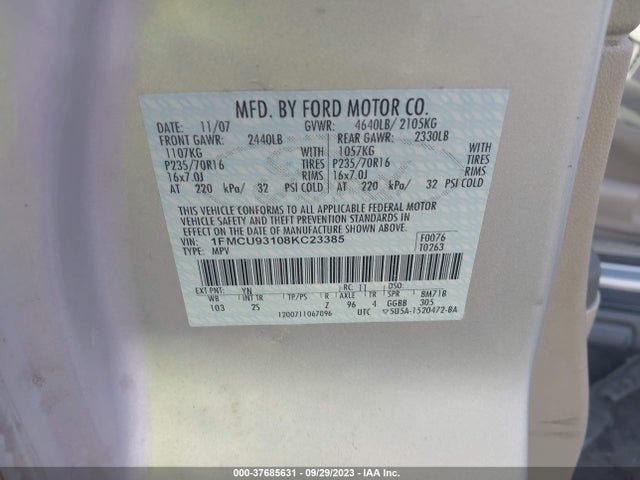 2008 FORD ESCAPE XLT VIN: 1FMCU93108KC23385