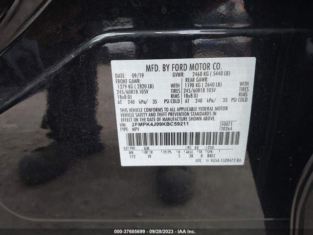 2019 FORD EDGE SEL VIN: 2FMPK4J99KBC59211