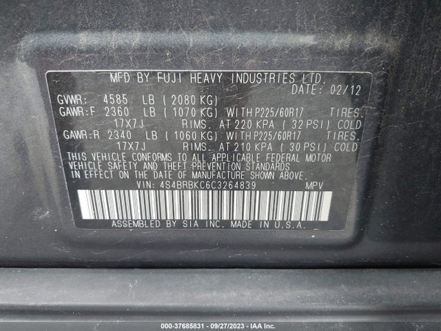 Продажа на аукционе авто 2012 Subaru Outback 2.5i Limited, vin: 4S4BRBKC6C3264839, номер лота: 37685831