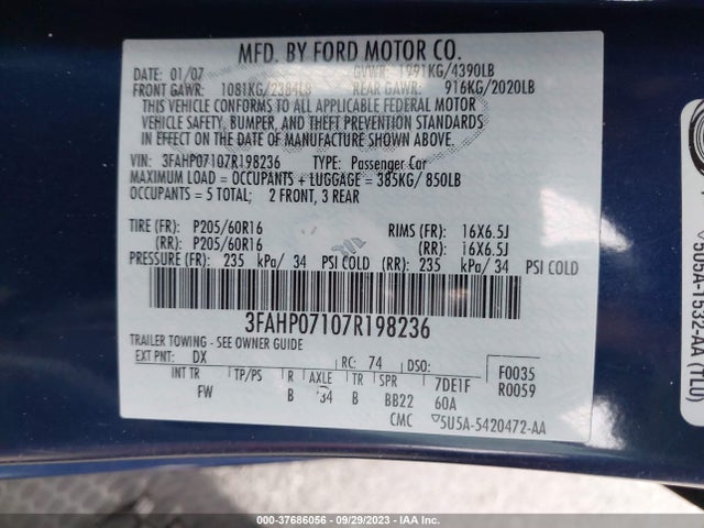 2007 FORD FUSION SE VIN: 3FAHP07107R198236