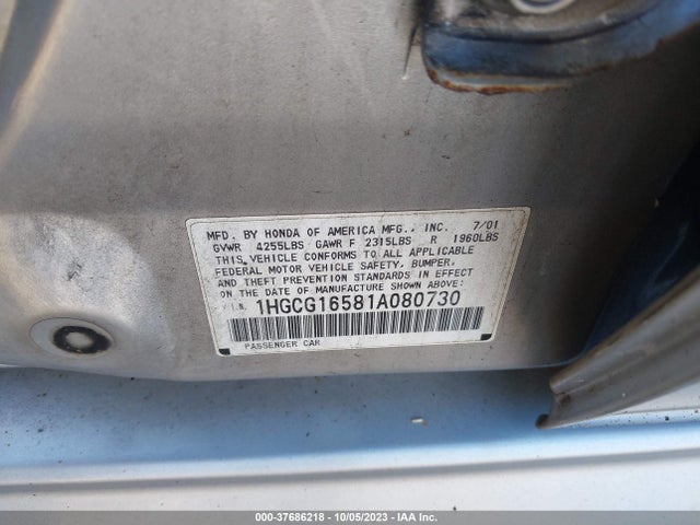 2001 HONDA ACCORD SDN EX W/LEATHER VIN: 1HGCG16581A080730