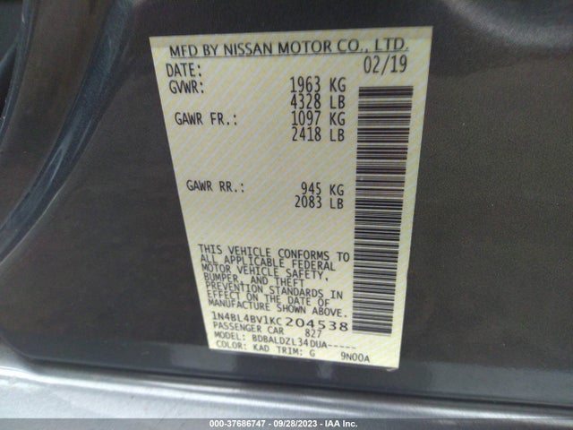Nissan Altima 2.5 S 2019 1N4BL4BV1KC204538 Image 9