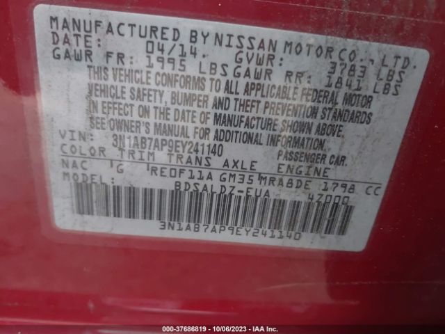 3N1AB7AP9EY241140 Nissan Sentra S/fe+ S/sv/fe+ Sv/sr/sl