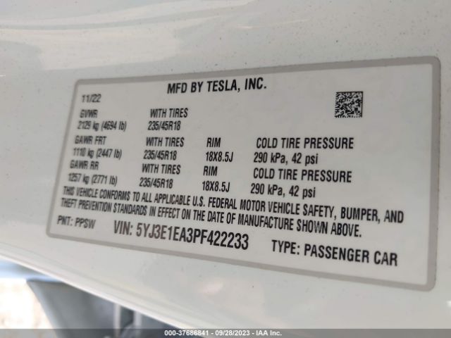 5YJ3E1EA3PF422233 Tesla MODEL 3