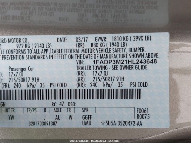 1FADP3M21HL243648 Ford FOCUS SEL