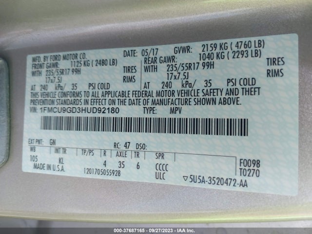 Ford ESCAPE SE 2017 1FMCU9GD3HUD92180 Image 9