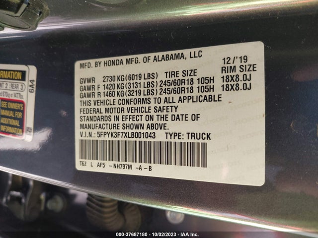 Honda Ridgeline Rtl-e 2020 5FPYK3F7XLB001043 Image 9