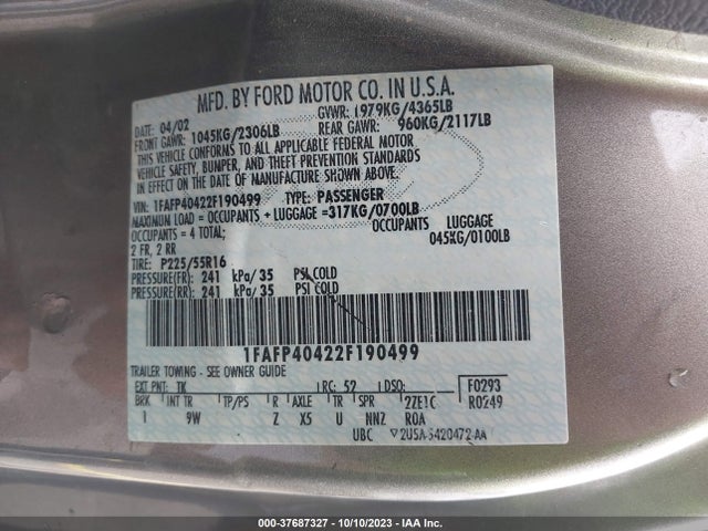 2002 FORD MUSTANG STANDARD/DELUXE/PREMIUM VIN: 1FAFP40422F190499