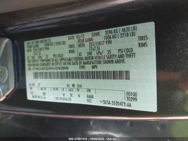 Ford ESCAPE SE 2017 1FMCU0GD5HUD92600 Image 9