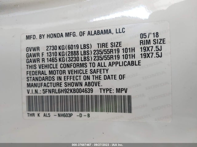 Honda Odyssey Elite 2019 5FNRL6H92KB004639 Image 9