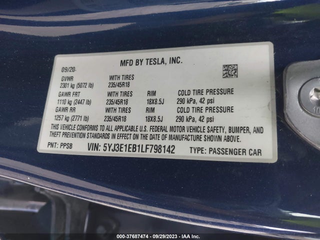 Tesla Model 3 Long Range 2020 5YJ3E1EB1LF798142 Image 9