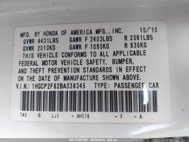 2011 HONDA ACCORD SDN EX-L VIN: 1HGCP2F82BA038345