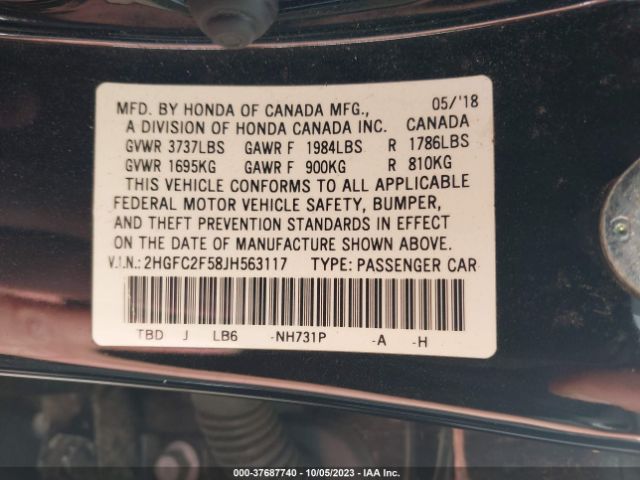 2HGFC2F58JH563117 Honda Civic Sedan Lx