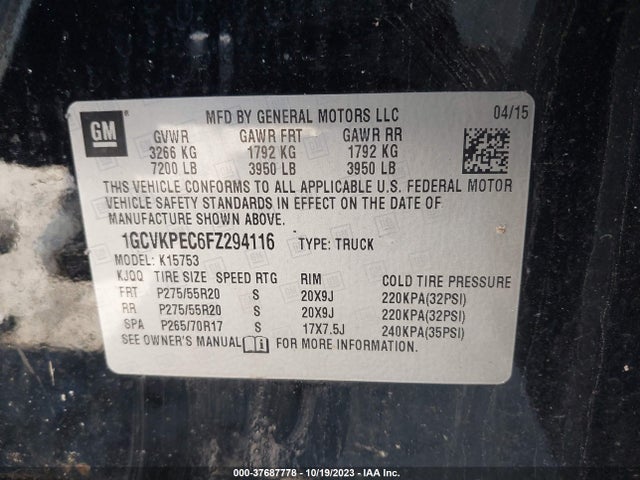 2015 CHEVROLET SILVERADO 1500 WORK TRUCK VIN: 1GCVKPEC6FZ294116