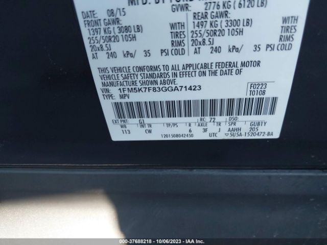 1FM5K7F83GGA71423 Ford Explorer Limited