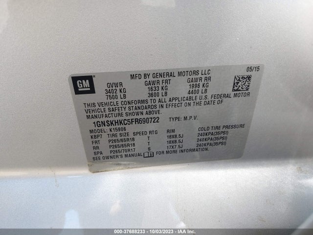 Chevrolet Suburban 1500 Ls 2015 1GNSKHKC5FR690722 Image 9