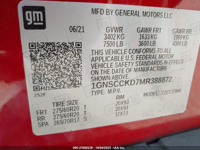 Chevrolet Suburban 2wd Lt 2021 1GNSCCKD7MR388872 Image 9
