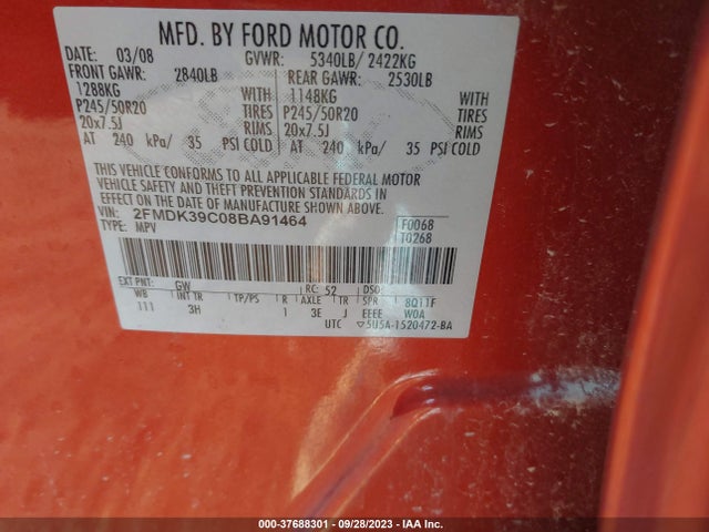 2008 FORD EDGE LIMITED VIN: 2FMDK39C08BA91464