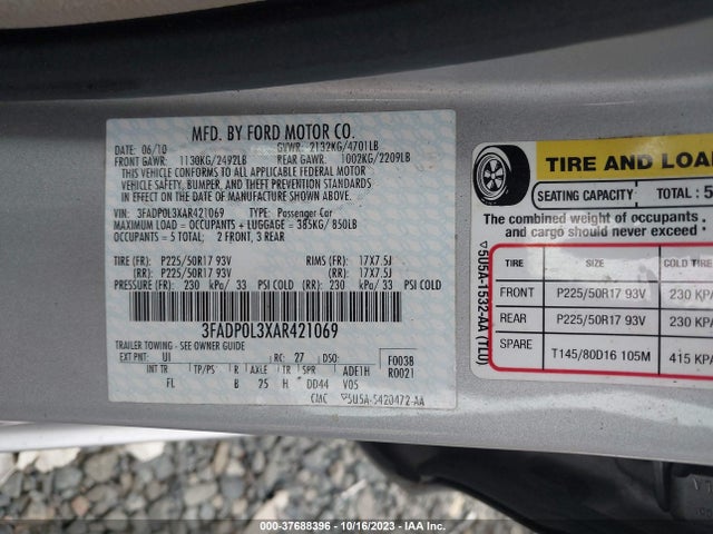 2010 FORD FUSION HYBRID VIN: 3FADP0L3XAR421069