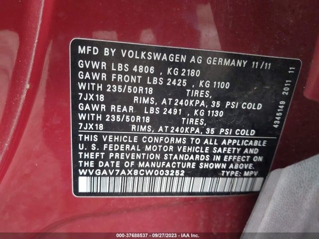 2012 VOLKSWAGEN TIGUAN SE VIN: WVGAV7AX8CW003252