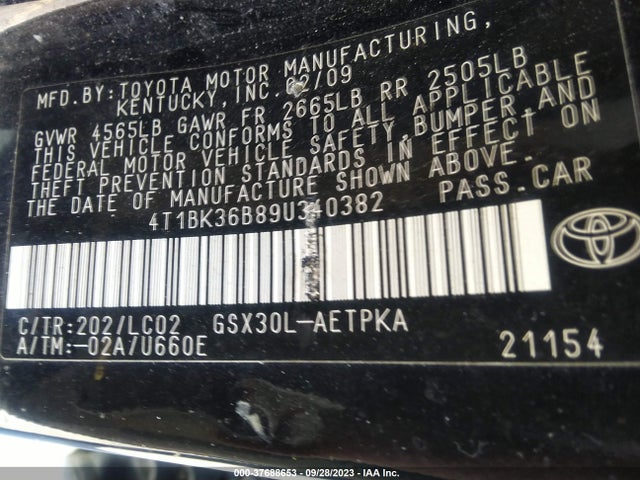 2009 TOYOTA AVALON XL/XLS/LIMITED VIN: 4T1BK36B89U340382