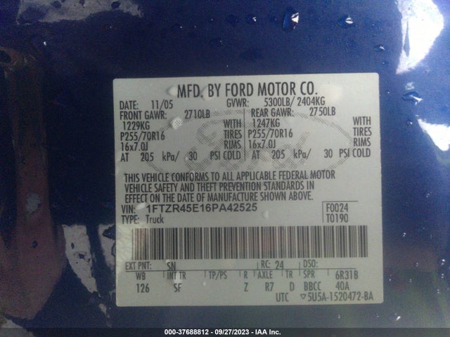 2006 FORD RANGER XLT/SPORT/FX4 OFF-RD VIN: 1FTZR45E16PA42525
