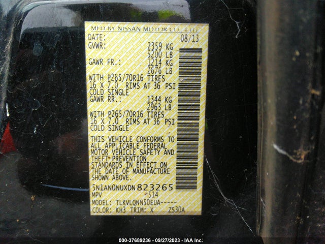 2013 NISSAN XTERRA X VIN: 5N1AN0NUXDN823265